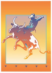 Cowboy riding bull at rodeo