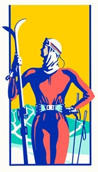 Retro woman holding skis