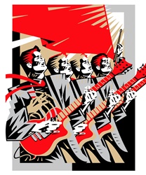 Men playing guitars under red flag