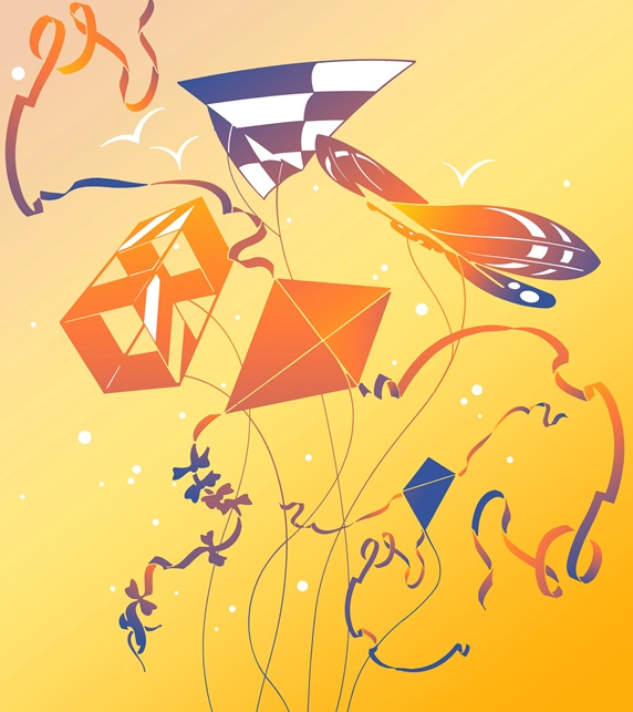 Different kites against yellow