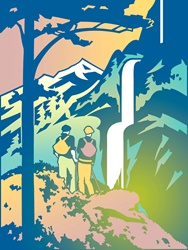 Two hikers watching waterfall