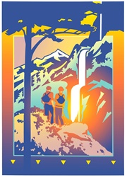 Two hikers watching waterfall