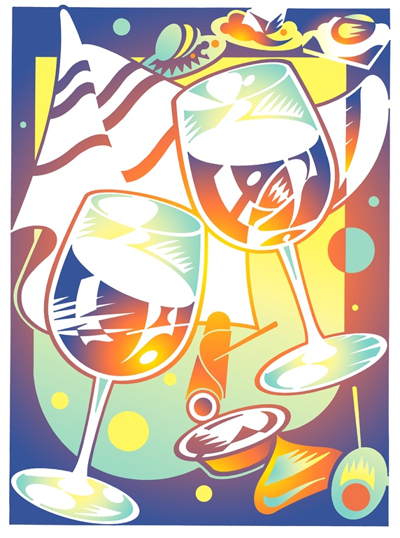 Two wine glasses on party background