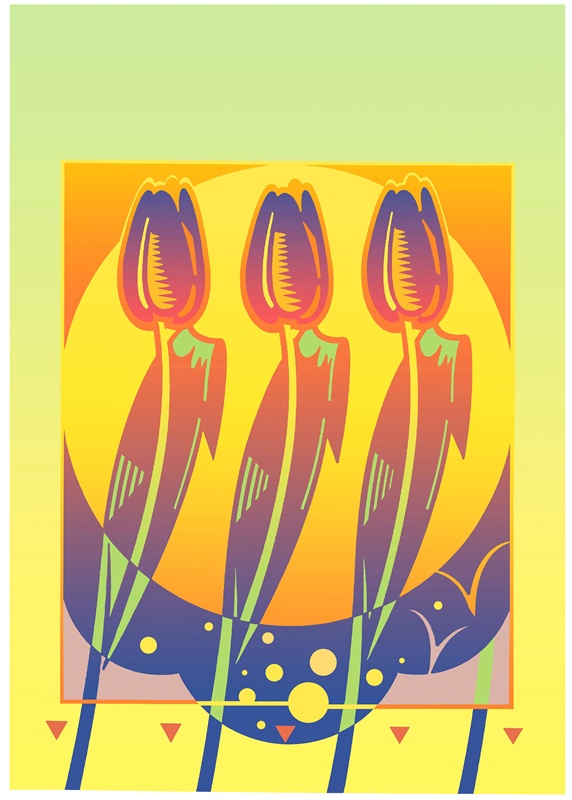 Three tulips against sun on green background