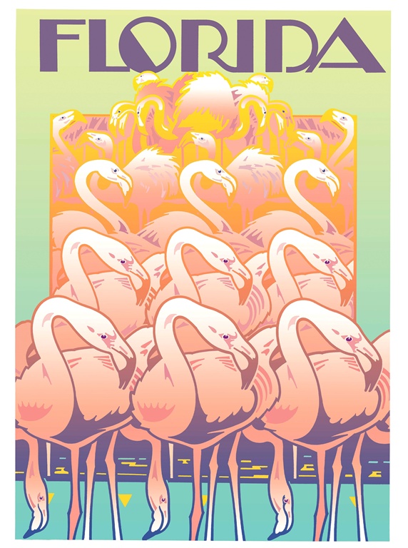 Flamingos against colored background with sign 'Florida' above
