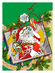 Santa Claus holding various gifts in old TV