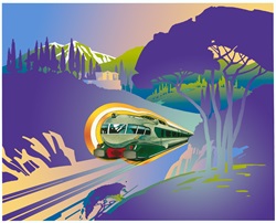 Passenger train with mountain landscape