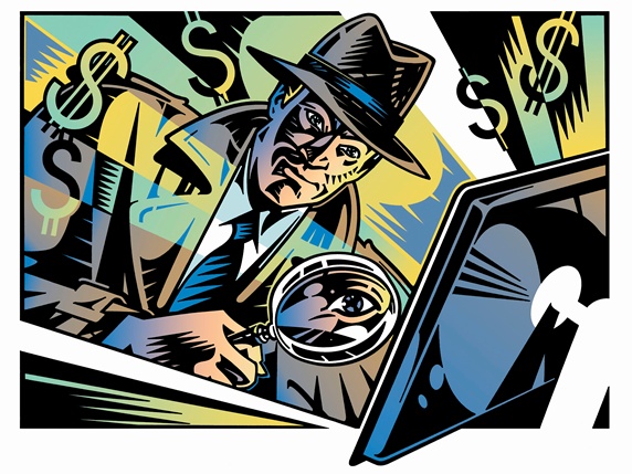 Retro detective investigating computer crime with magnifying glass