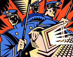Policemen confiscating computer