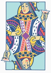 Playing card with queen  holding  martini glass