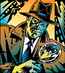 Retro detective looking through magnifying glass in city