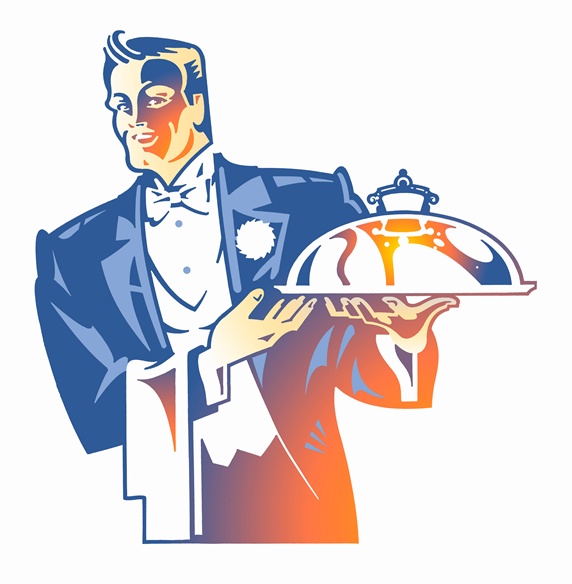 Silver service waiter in tuxedo carrying domed tray