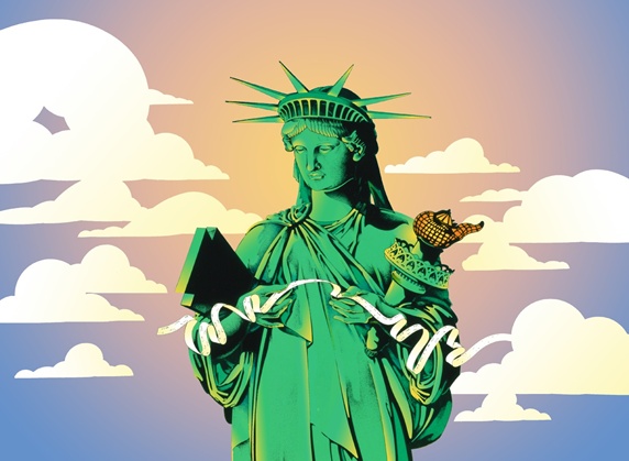 Statue of Liberty reading tape