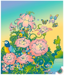 Pastel color flowers with butterflies and bird