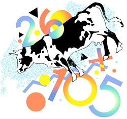 Cow surrounded by multicolored numbers