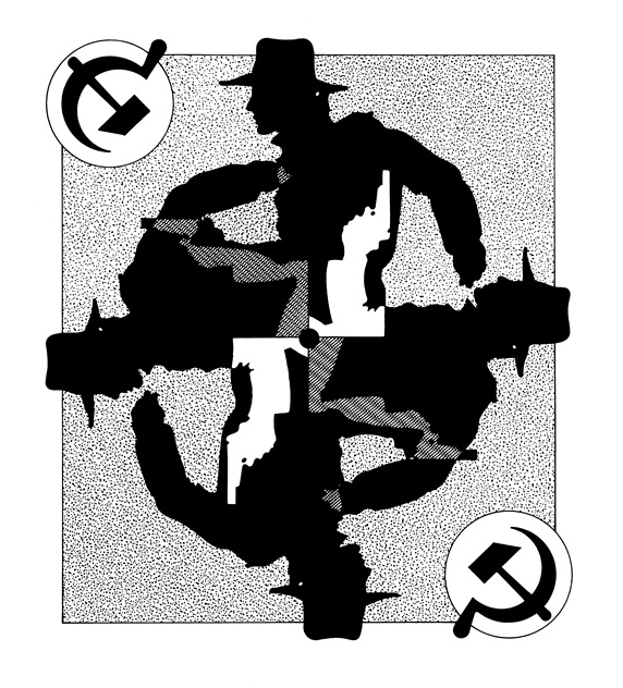 Silhouette of man holding gun and hammer and sickle symbol