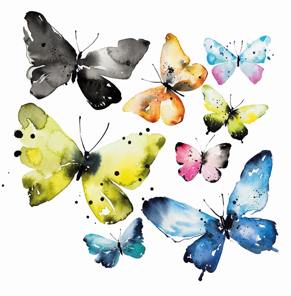Watercolour painting of different butterflies
