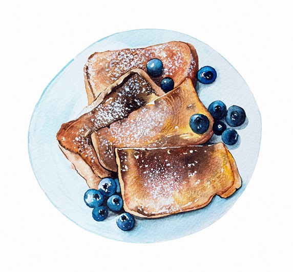 Watercolour painting of french toast and blueberries
