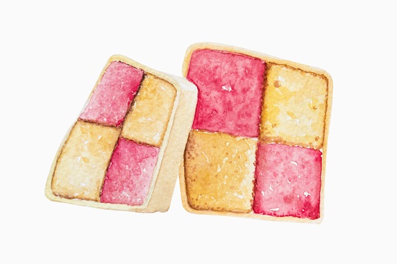 Watercolour painting of slices of battenberg cake