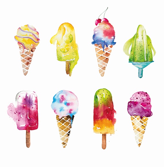 Watercolour painting of different ice creams and ice lollies