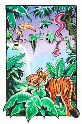 Tiger, hornbill and snake in rainforest