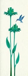 Green city buildings on flower stems with hummingbird