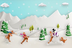 Paper sculpture of cute gingerbread men playing in snowy landscape
