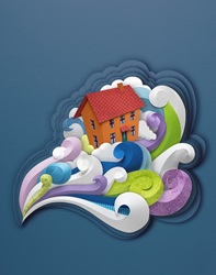 Paper sculpture of house in turbulent wind