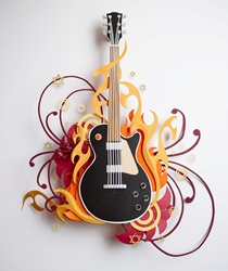 Stars and swirls surrounding paper craft guitar