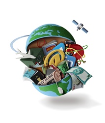 Planet earth with documents and banknotes on white background
