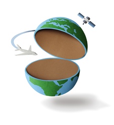Open globe with airplane and satellite