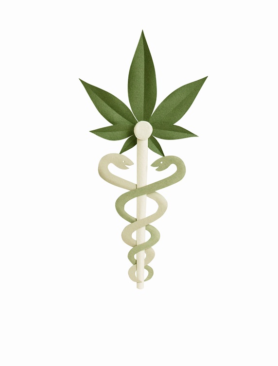 Paper sculpture of caduceus with marijuana leaf