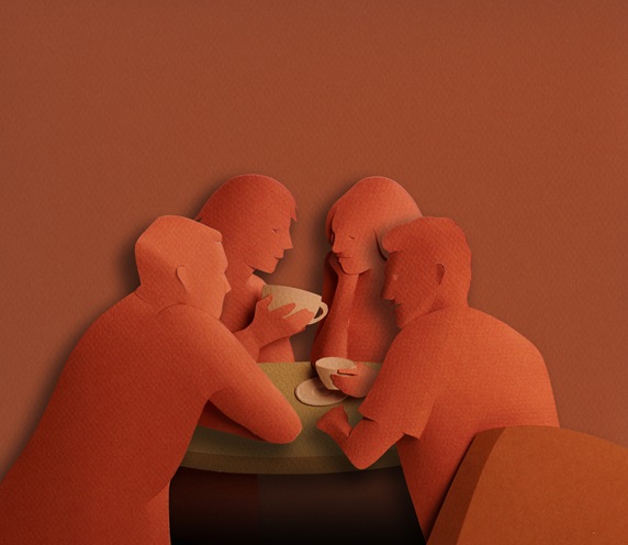 Friends chatting drinking coffee in paper art