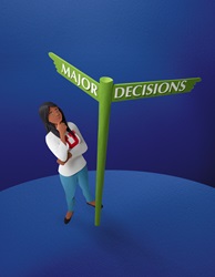 Student looking up at decision signpost