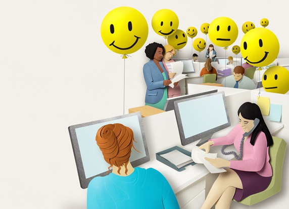 Workers in open space office with yellow emoji emoticons