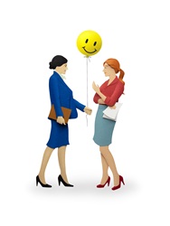 Businesswoman giving yellow emoji emoticon balloon with smiley face to coworker