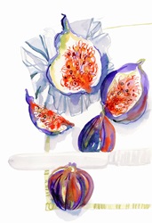 Watercolor painting of whole and halved fresh figs