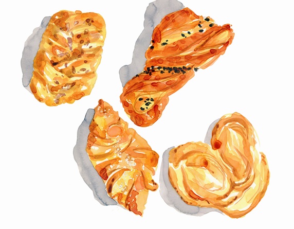 Watercolor painting of different danish pastries