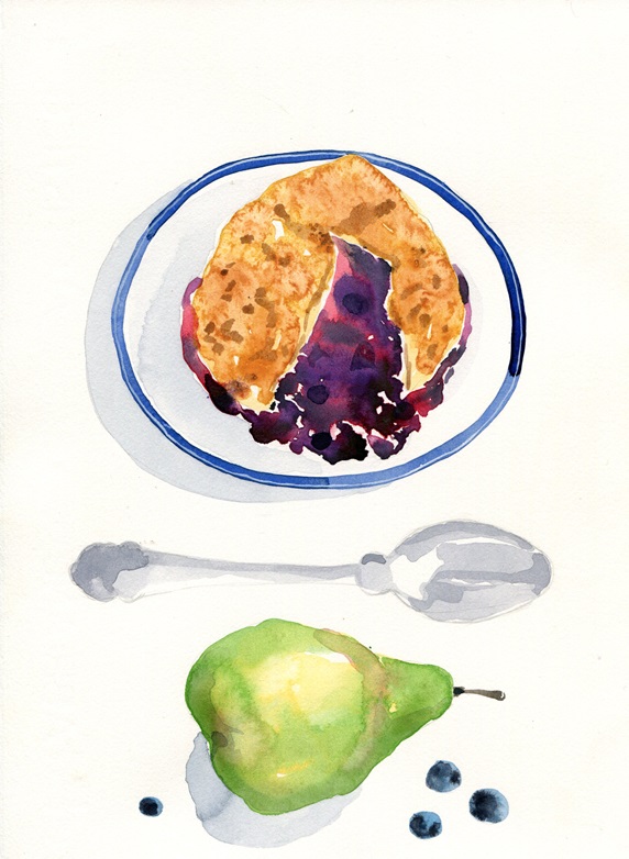 Blueberry pie and pear on white background