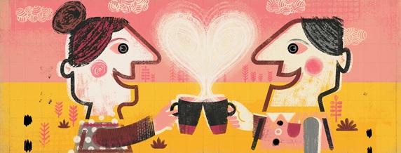 Couple toasting each other with coffee cups and heart shaped steam