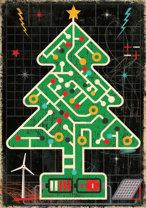 Circuit board Christmas tree connected to renewable energy