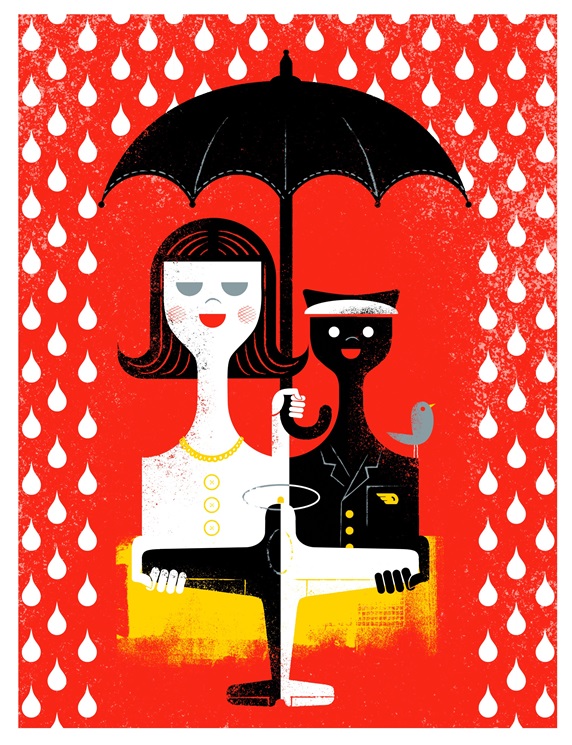 Portrait of woman and black cat wearing uniforms, holding umbrella and toy airplane