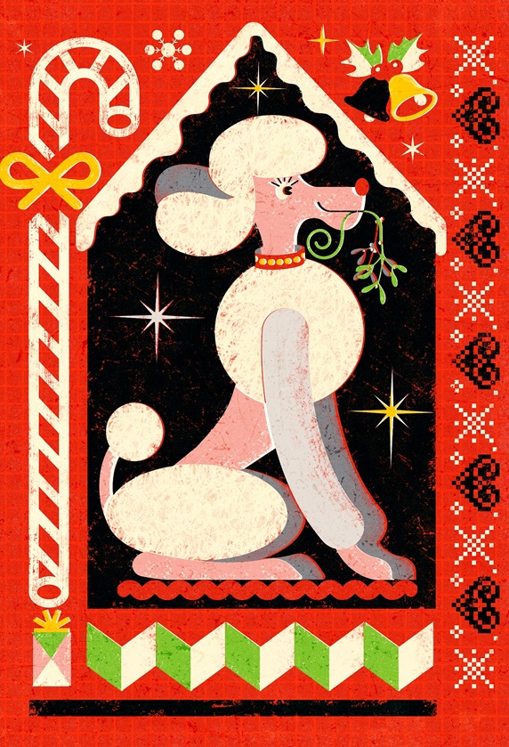 Side view of poodle holding mistletoe in mouth