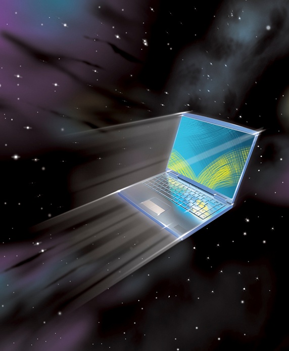 Laptop computer moving at high speed in outer space