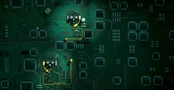 Circuit board man and woman communicating on internet telephone