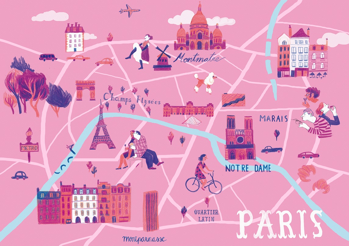 Illustrated map of Paris, France Stock Images