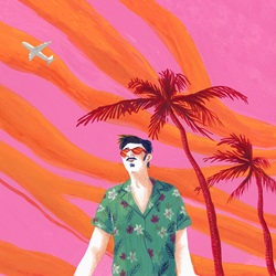Man in sunglasses on tropical holiday against dramatic sky