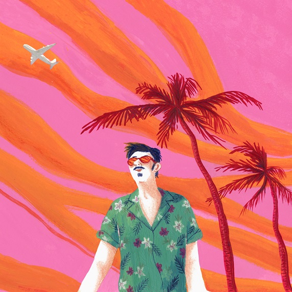 Man in sunglasses on tropical holiday against dramatic sky