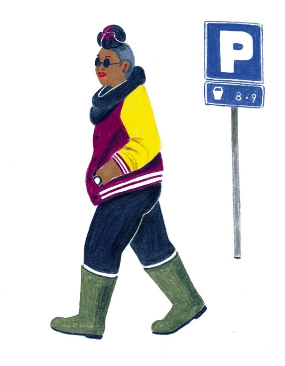Woman moving past parking sign
