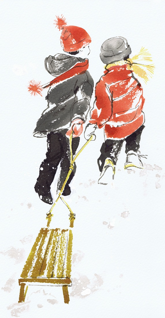 Girl and boy pulling toboggan together through the snow